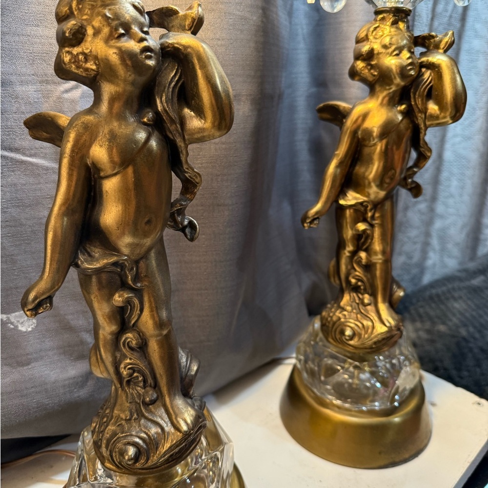 2 Mid-Century Neoclassical Hollywood Regency Bronze Marble With Crystal Lamps